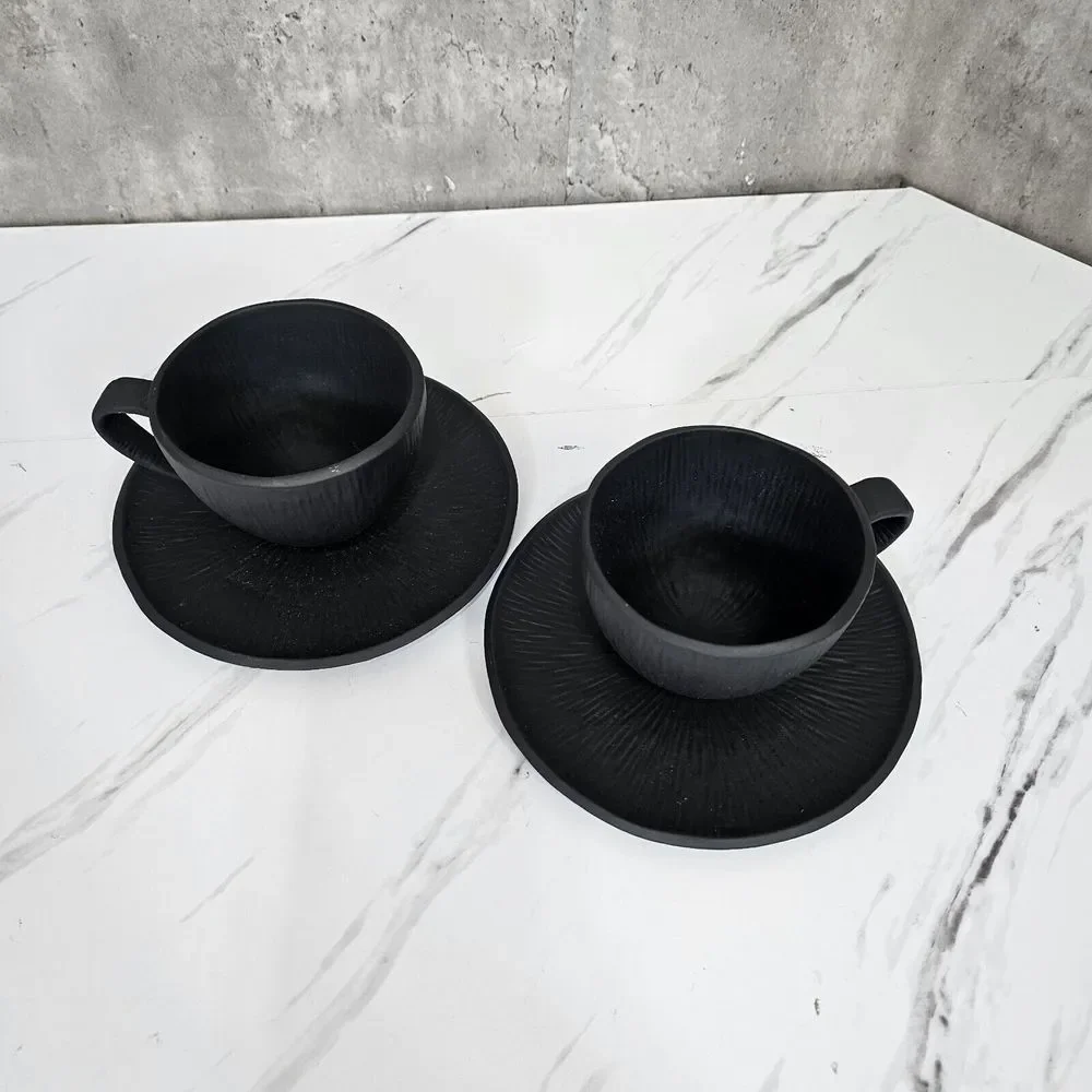 Lot of 2 Michael Aram Africana Black Matte Porcelain‎ Tea Cup & Saucer Set